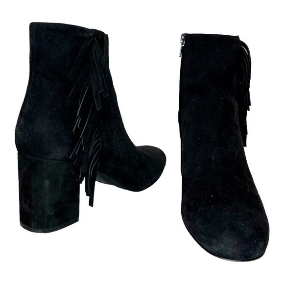 $895 Saint Laurent Black Suede Babies Fringe Ankle Block Heel Booties size 38 - Picture 3 of 11